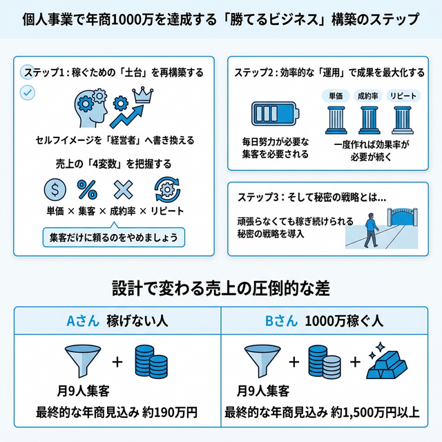 個人事業で年商1000万を達成する「勝てるビジネス」構築のステップ図解